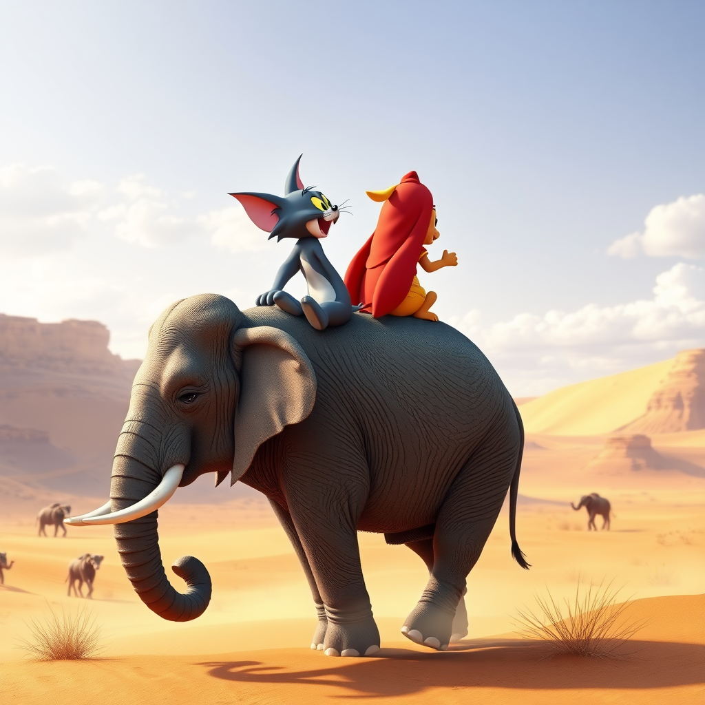 Tom and Jerry on an elephant's back in the Sahara in real 3D.