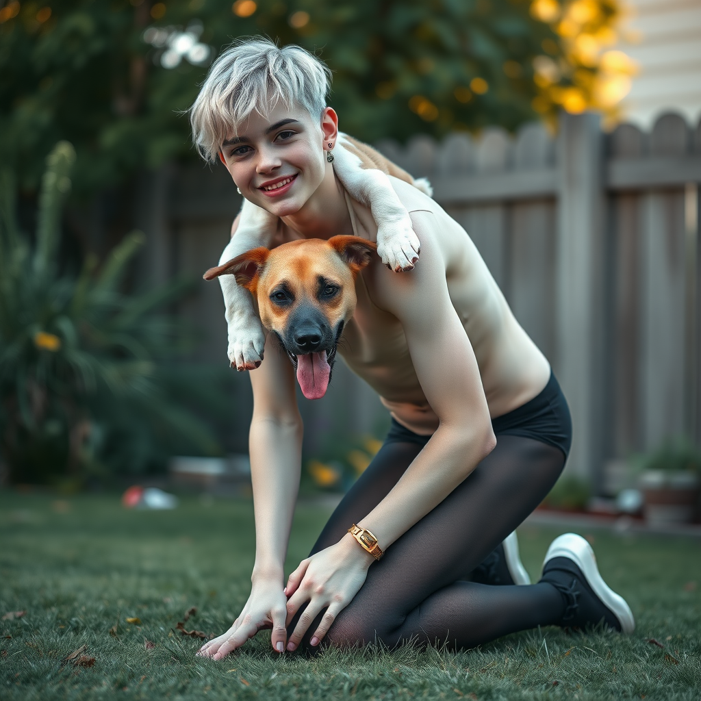 photorealistic, ultra high resolution, 16K, surreal fantasy, studio lighting, a pretty 16 year old goth male, slim male physique, short blonde hair, goth makeup, earrings, pantyhose, white ballet shoes, playing with his dog in the yard - he is kneeling forward, while the dog stands up behind him and rests its paws on the boy's shoulders, excited smile, facing the camera.