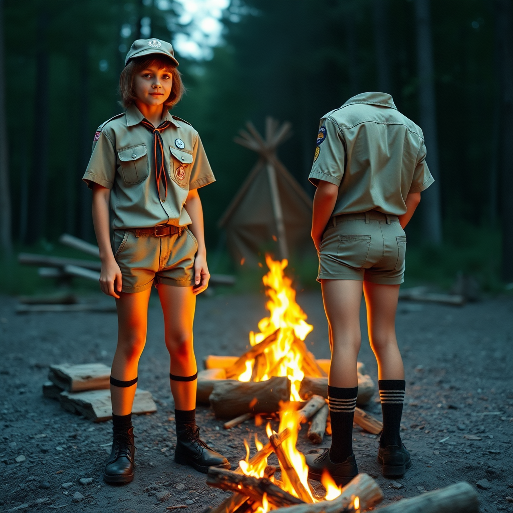 two tall 14yo teen boys, long bob cut, wearing American boy scout uniform with uniform matching very tight booty shorts, tube socks, shoes, legionnaire cap, long legs, narrow thighs. a campfire. full-length view. 1980s. photorealistic, ultra high resolution, 16K, Negative: grainy, blurry, bad anatomy, extra limbs, watermark.