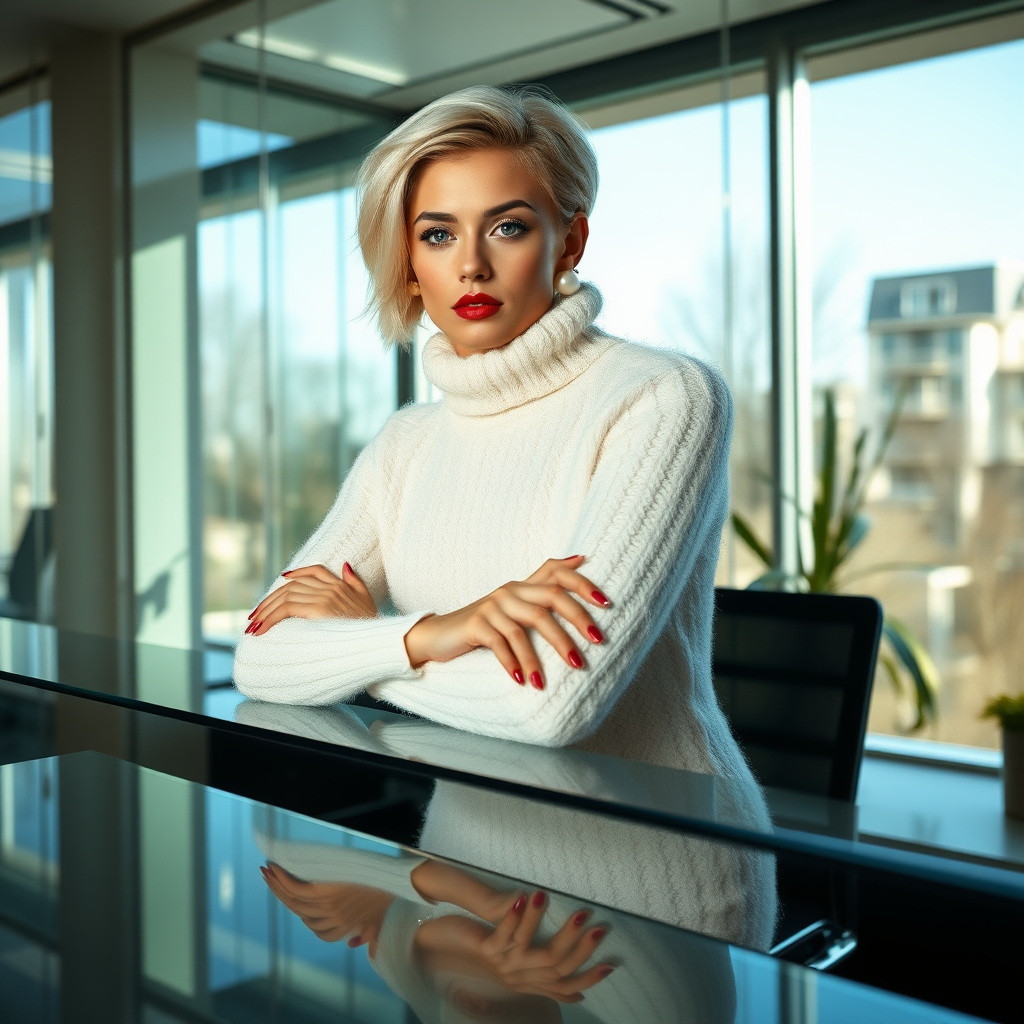 Sunny spring morning, modern glass-steel-concrete office, standing behind glass desk: Ana, European 17 years old very convincing femboy “trophy-bimbo”, tamed servile docile, very beautiful feminine flawless face, rather short boyish figure, platinum blond short tight curls, bold red lips, heavily made-up face, long French nails, wearing Supertanya-style chunky fluffy very fuzzy bright white plushy mohair figure-hugging turtleneck-knitdress with white pearl decoration, white vinyl thigh-high boots with golden heels, pearl earrings, serious, leaning forward, resting on hands on desktop, presenting her assets, arrogantly looking at camera. Focus on face and knitdress.