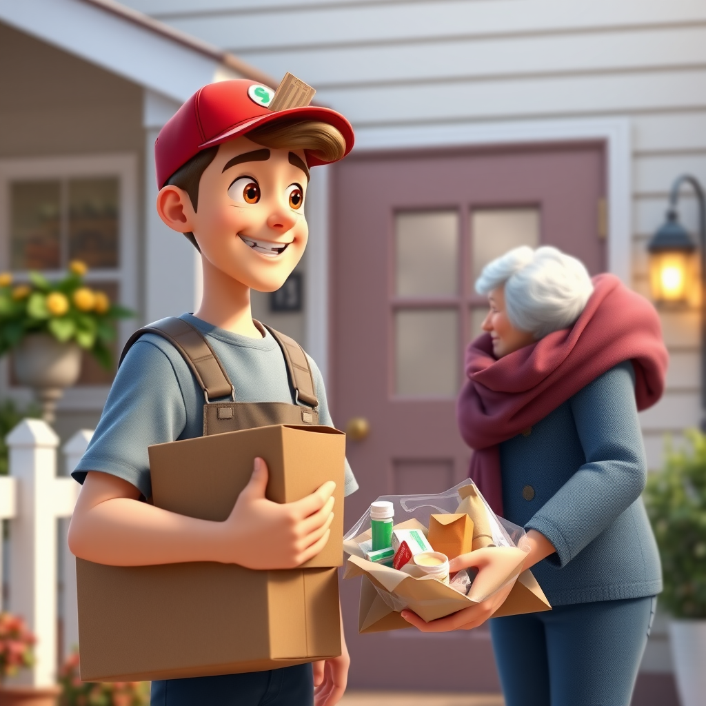 Create an image in the Pixar style of a 26-year-old young man with Down syndrome who is a delivery person bringing medications and groceries to the home of an elderly couple.