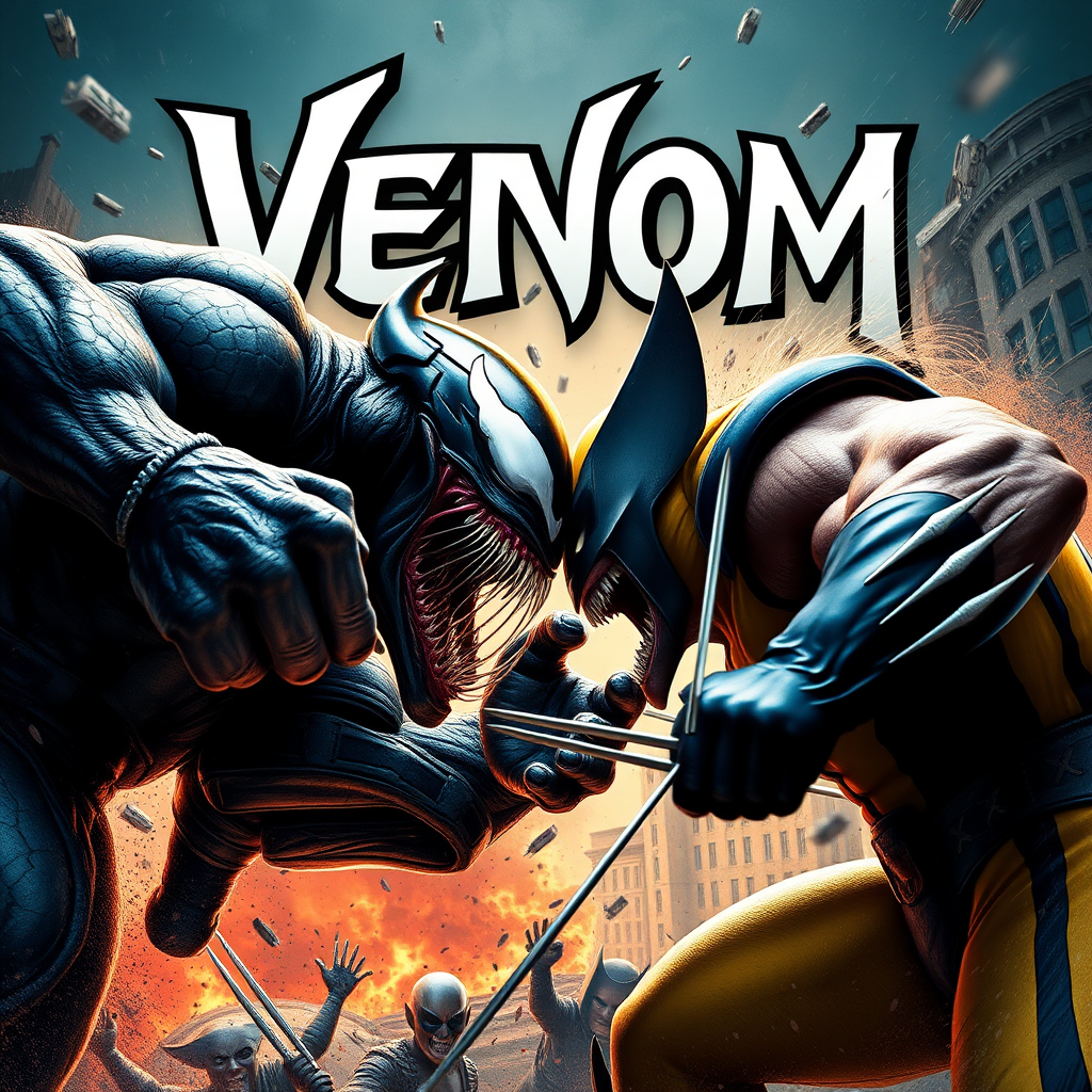 jumping out of an epic comic book cover is Venom Vs Wolverine head-to-head in battle. Cinematic Real3d photo-realistic quality.