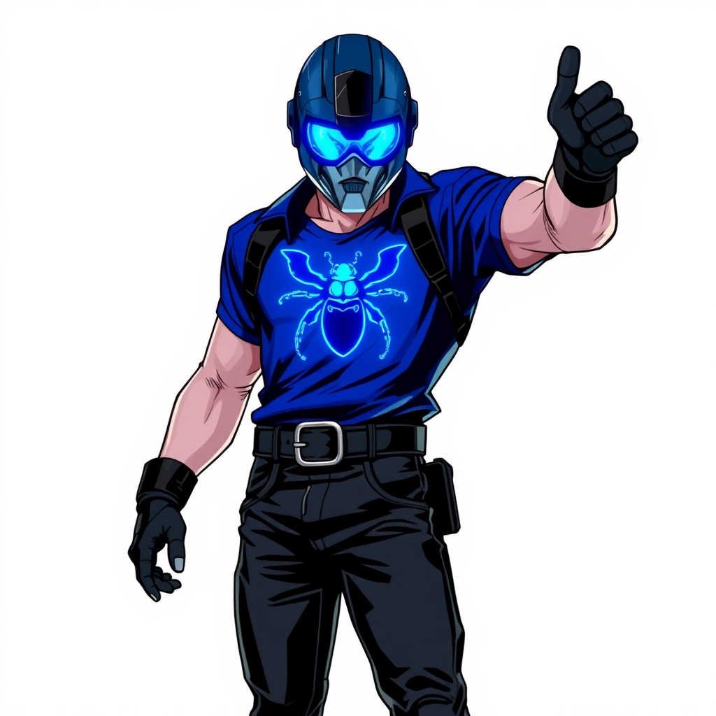 A 28-year-old cyberpunk vigilante stands heroically, clad in a maximum blue biker shirt featuring a neon blue beetle on the chest. He wears black biker pants, a black belt with a sapphire beetle buckle, and a helmet resembling a sleek, tactical design, but colored maximum blue with neon blue glowing lenses. Their hands are protected by black metal gloves, all set against a solid white background. He is drawn as if he was in a retro 2D cyberpunk fighting game.