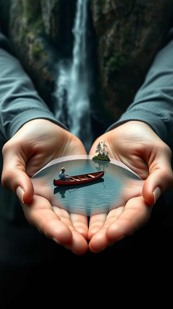 create a 16k resolution, highly detailed and realistic image showing a pair of human hands gently holding a miniaturized lake. On the lake surface, there is a canoe with a fisherman, casting his line leisurely. Above the hands, there is a cliff, and from this majestic height, a roaring waterfall cascades down, seemingly feeding into the lake held within the palms. The entire scene should give off a surreal, magical vibe, creating an illusion that a piece of a beautiful, serene landscape is cradled in human hands

, phenomenal aesthetic, Amazing photos, photorealistic, realistic, hyper realistic, very complex, detailed and rich, highly detailed, cinematic, cinematic lighting, cinematic angle, masterpiece, breathtaking, detailed photo, wide angle shot, ultra-high resolutions, 32k uhd, high quality, best quality, dslr, film grain, Fujifilm XT3