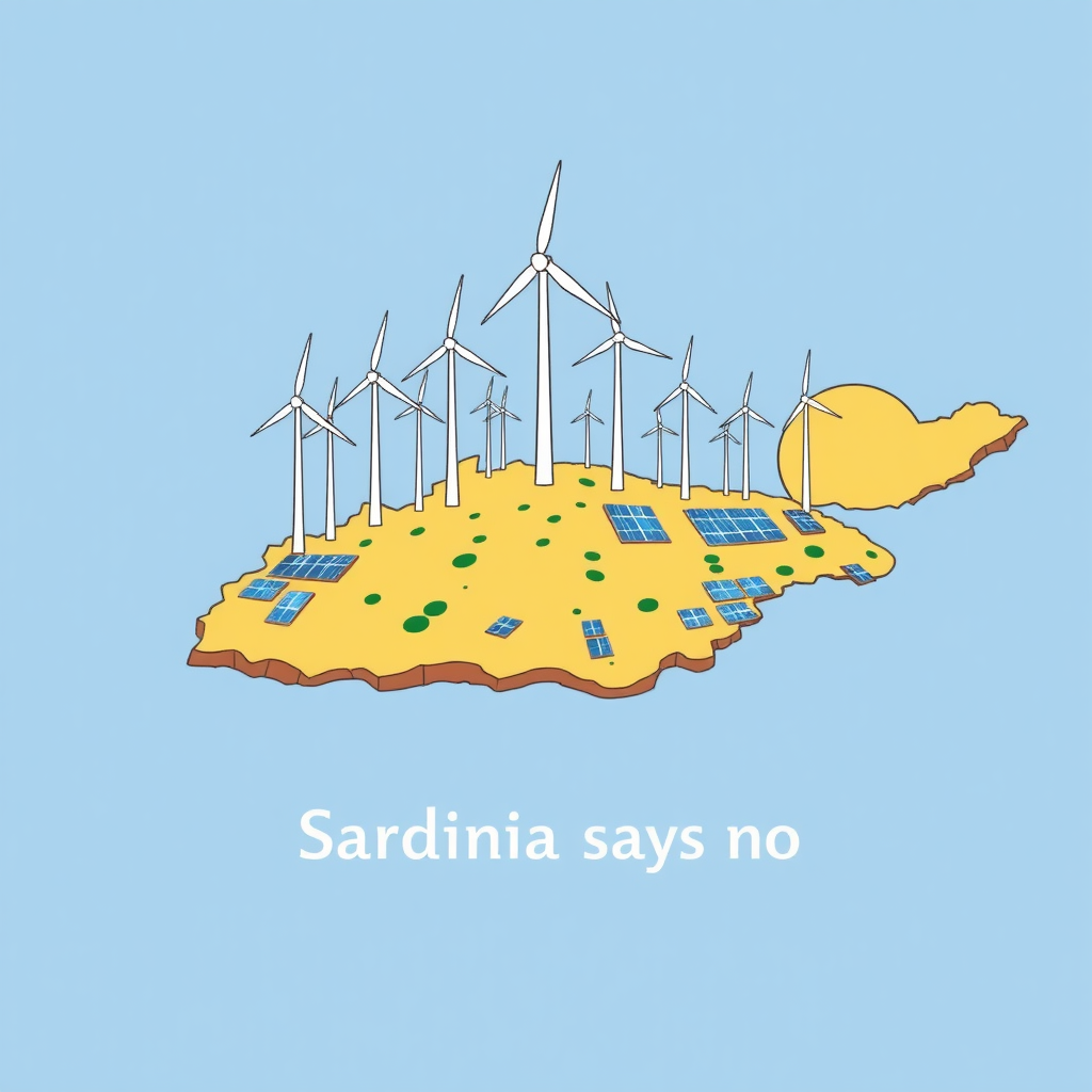 I design Sardinia, showing it being overwhelmed by enormous wind turbines and photovoltaic panels. The style is a minimalist color drawing, text "Sardinia says no."