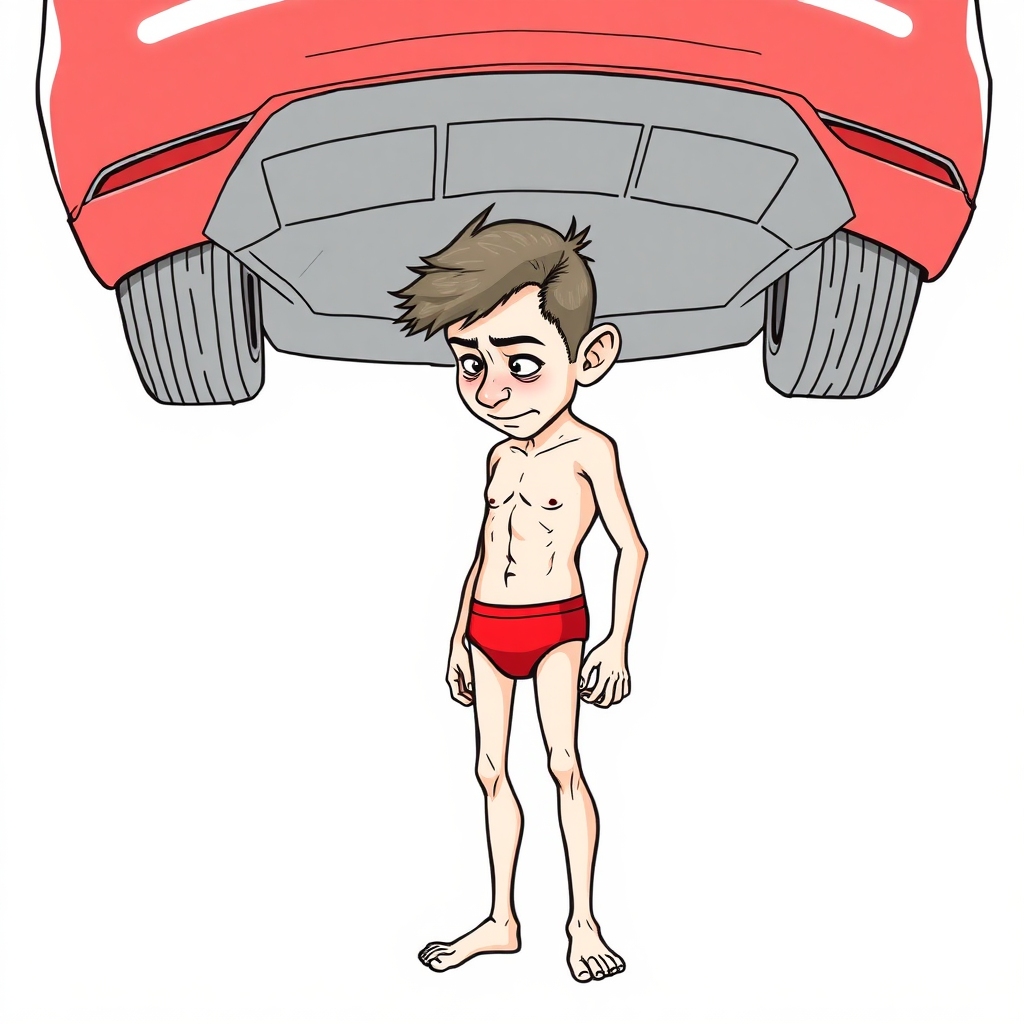 shy nervous small 18 year old european skinny man, bare chest, red tight men's brief, tense fabric, head down, looking from below at a VW Polo V, side view, detailed feet, 2D, caricature, cartoon, Sketch lines, coloring book, coloring book