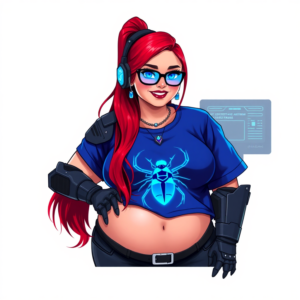 A cyberpunk vigilante’s full-figured intelligent and tech-savvy 29-year-old girlfriend, who is a computer hacker and tech genius. She has a long ruby red ponytail and bright blue eyes. She wears maximum blue lipstick, a sapphire beetle gemstone necklace, sapphire earrings, black eyeglasses, hi-tech metal arm armor, and an oversized maximum blue t-shirt featuring a neon blue glowing icon of a scarab beetle on its chest. She has a full-figured physique with a giant, round midsection, reflecting her well-cared-for lifestyle. She sports a sapphire headset with a hi-tech maximum turquoise lensed HUD, and a beaming smile with a passionate bright red blush. Despite her figure and a lack of self-esteem, she radiates beauty. She has a slim face which contributes to her radiant beauty. She serves as his tech expert from his hideout, diligently working at her lab table and computer desk. The background is solid white. She is drawn as if she was in a retro 2D cyberpunk fighting game.