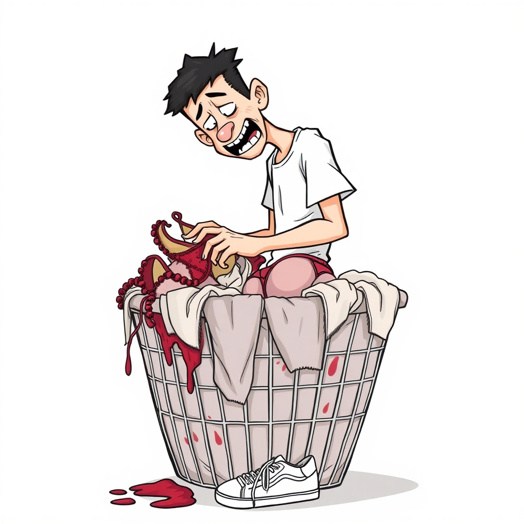 nervous short 20 year old european skinny man, short white t-shirt, standing, stunned, mesmerized, joyful, aroused, heavy drooling, heavy sweating, fumbling through a small dirty laundry basket piled up with sexy woman heavily stained lingerie, detailed fabric, side view, sneakers, detailed feet, 2D, caricature, cartoon, Sketch lines, coloring book, coloring book, no body parts, no blood