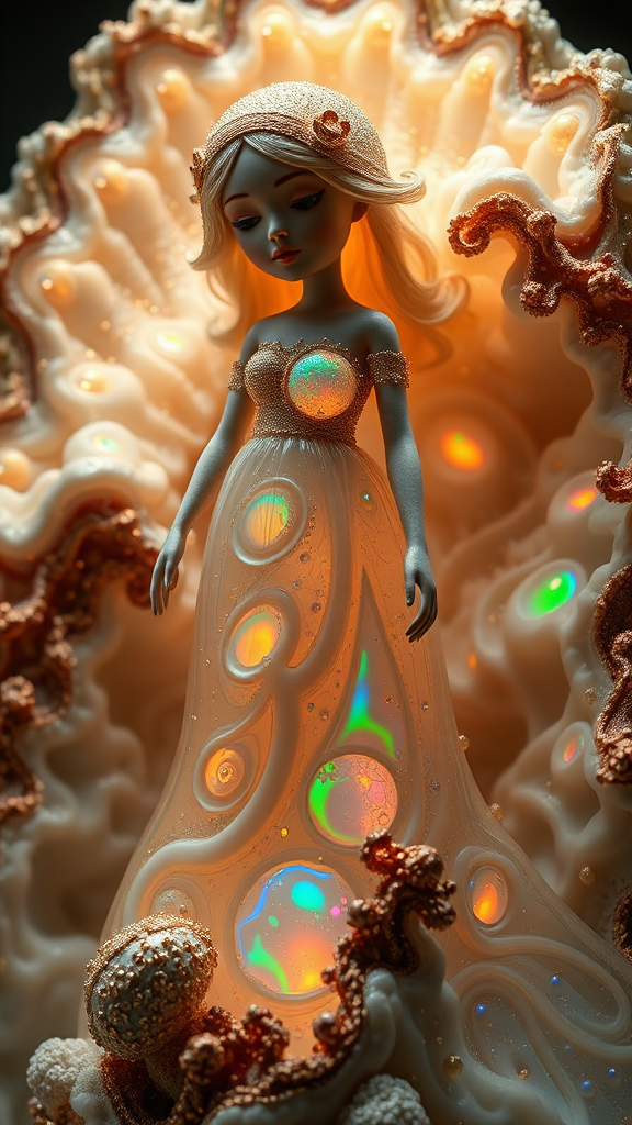 artist doll, statue, mandelbulb fractal landscape, ultra-detailed, dynamic composition, artistic photograph, geode, alabaster, fractal, brilliant colors, glittering, illumination, transparency, translucent, opal, turquoise, gold, romanticism, sharp focus