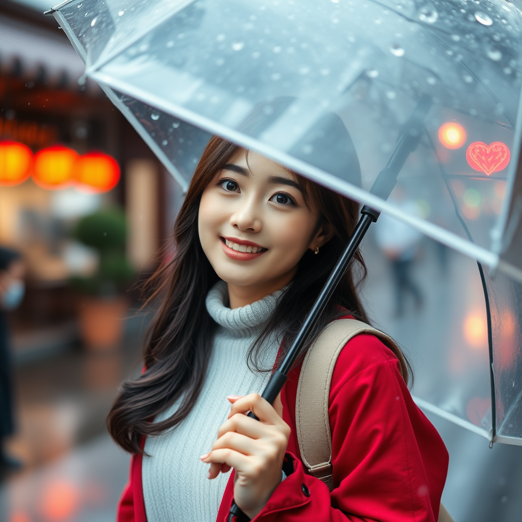 The most beautiful Korean woman holding an umbrella on a rainy day