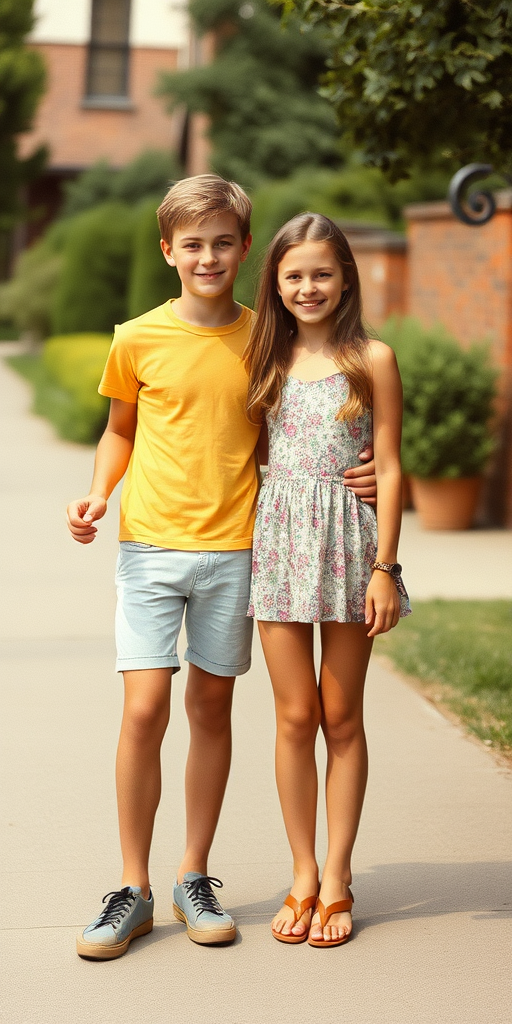 A realistic photo of a 14yo teen boy and girl. British. Long legs. Hot summer. Full length view. Vintage photo, 1980s.