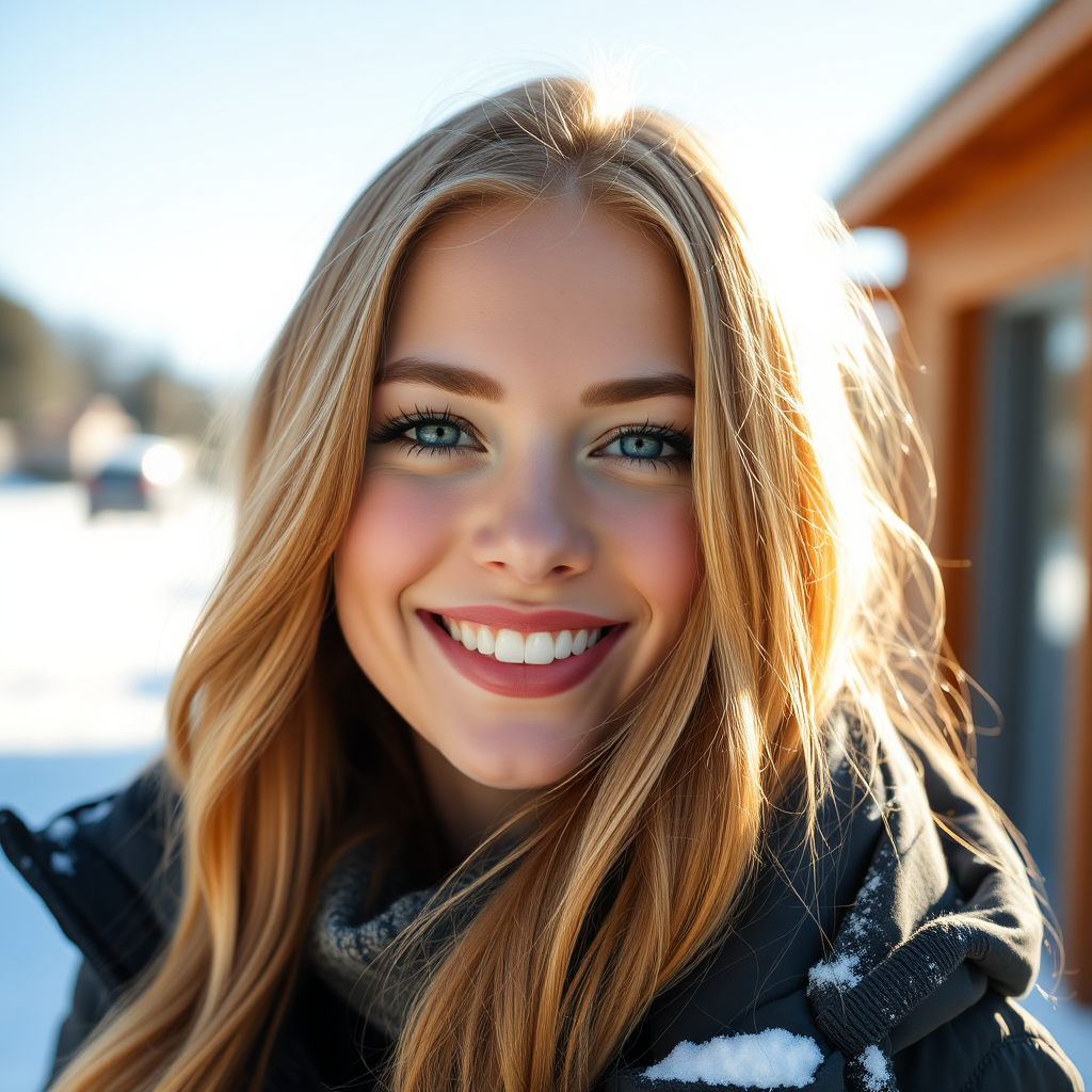 beautiful happy young woman with cherry blonde long hair, full lips, perfect eyebrows, pale skin, on Alaska during winter in Anchorage on sunny snow day