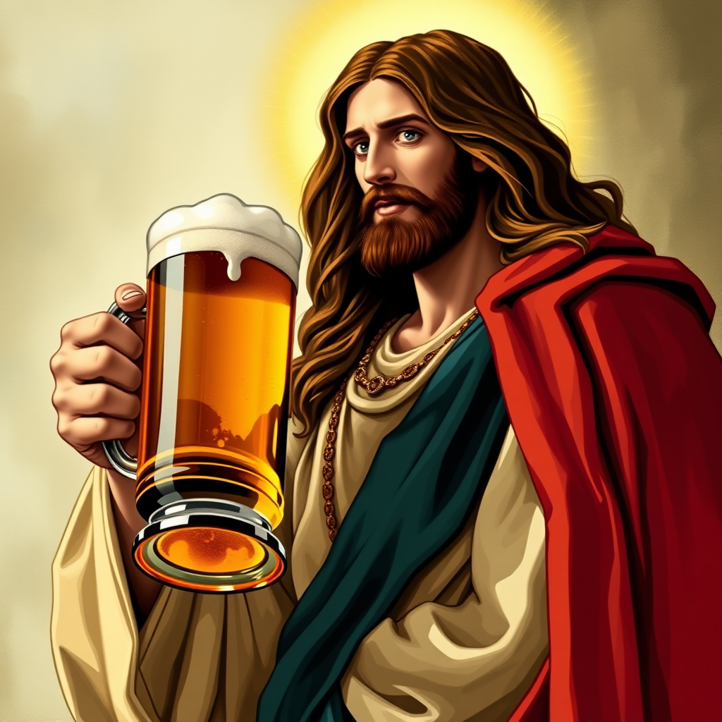 jesus holding a beer stein