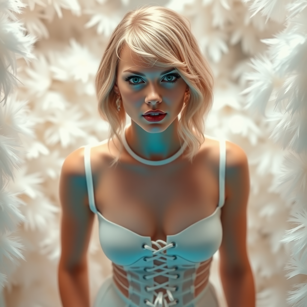 Taylor Swift, inside in a white plumes room, blonde hair, green eyes neon, mouth closed with a sarcastic expression of irony, translucent white dress and white lace up high heels, front posing,