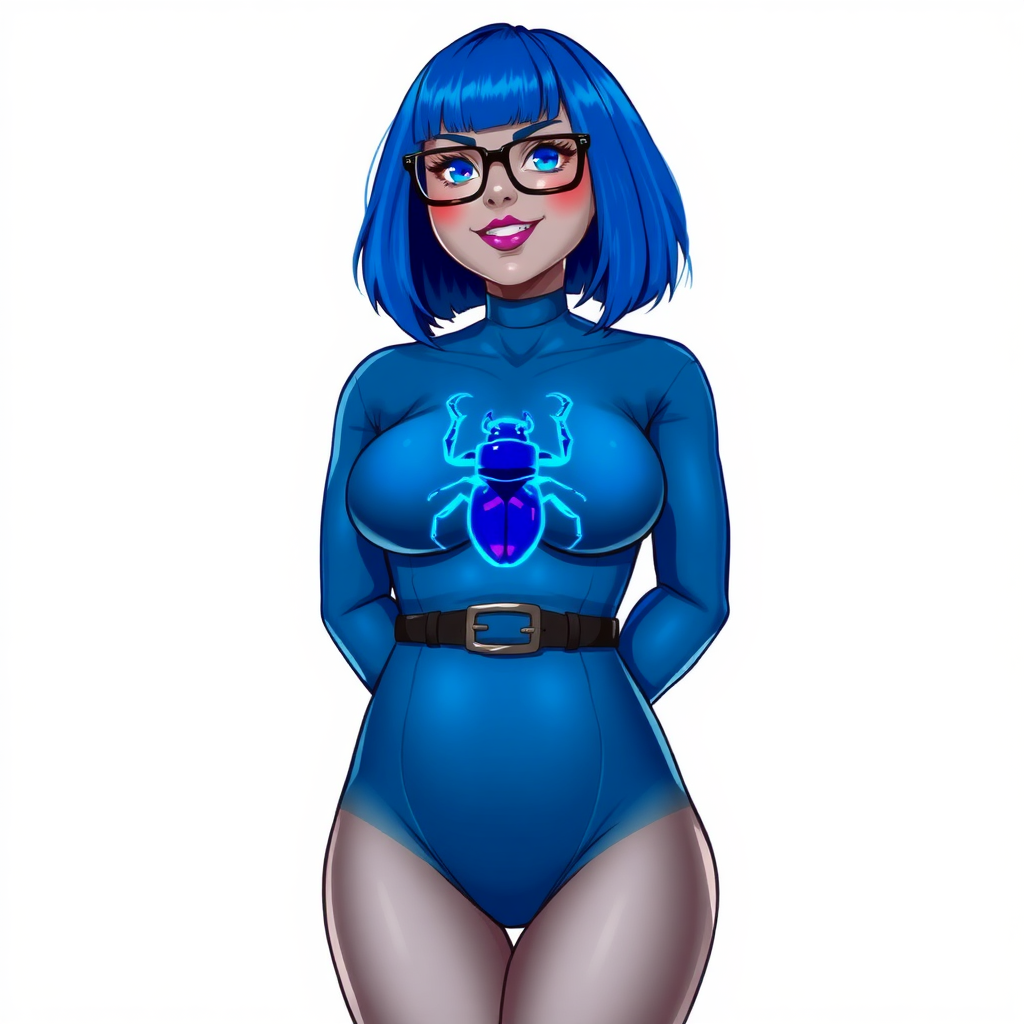 A 28-year-old, full-figured, middle gray metallic-skinned computer program-human hybrid with a maximum blue bob cut. She has a non-athletic build, highlighted by a prominent, round, large midsection. As a digital sidekick, computer hacker, and nerdy girlfriend to her cyberpunk vigilante boyfriend, her middle gray metallic skin and maximum blue lipstick emphasize her digital nature. She wears an oversized maximum blue bodysuit with a neon blue beetle chest icon, a black belt with a sapphire scarab buckle, and black gloves. Her bright blue eyes, black eyeglasses, and lovestruck smile with neon red blush accentuate her nerdiness. She stands bashfully with her hands behind her back, her bodysuit covering all her skin. Her physique is emphasized. She is on a solid white background. She is drawn as if she was in a retro 2D cyberpunk fighting game.