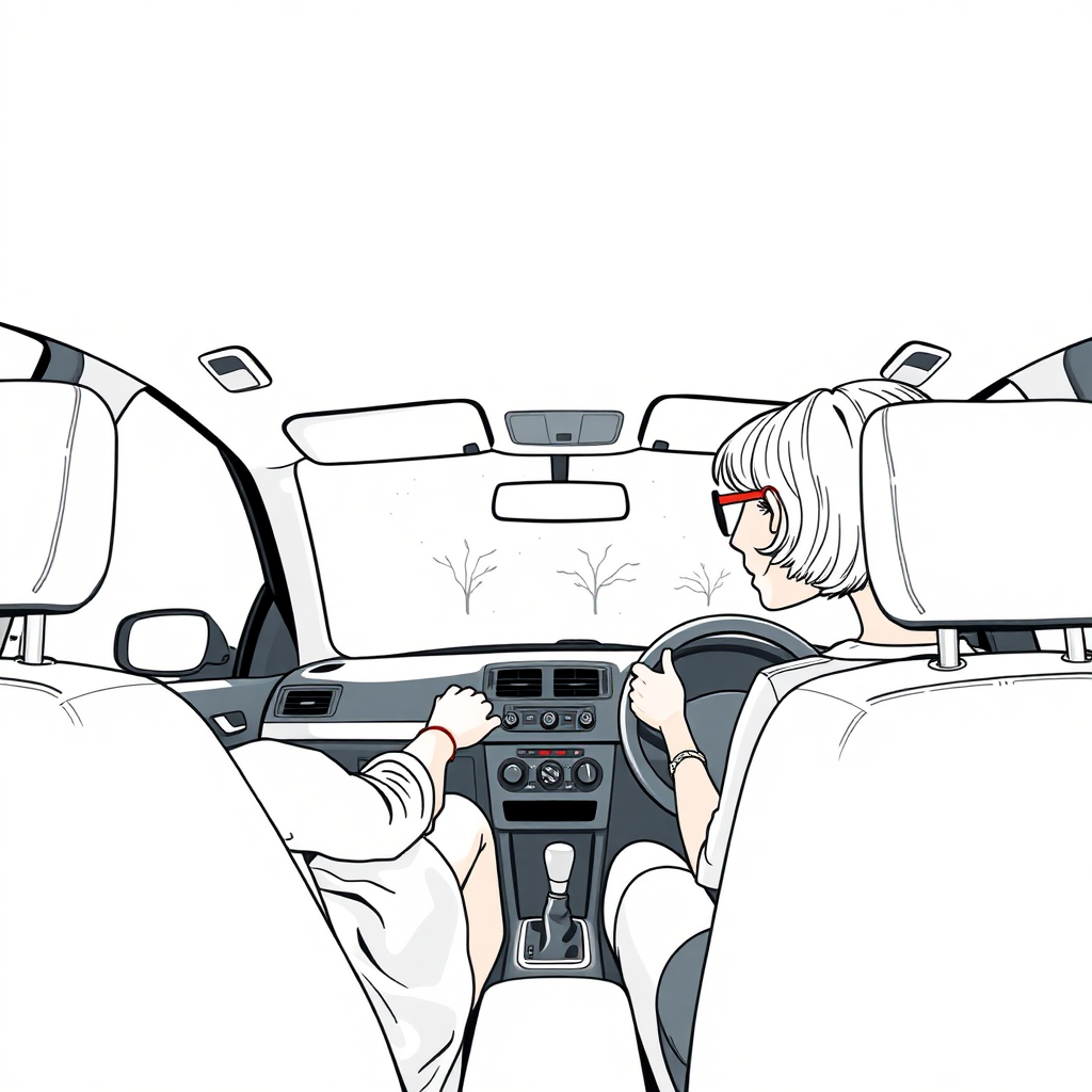 inside view of a VW Polo V, from the front passenger seat point of view, looking at the driver seat from the side, short bowl haircut 50 year old woman driving, skirt, glasses, she is looking at the camera over her shoulder, long establishing shot, 2D, caricature, cartoon, Sketch lines, coloring book, coloring book style on white background, well composed, clean coloring book page, No dither, no gradient, strong outline, No fill, No solids, vector illustration, side view, vector illustration, movement lines, from above