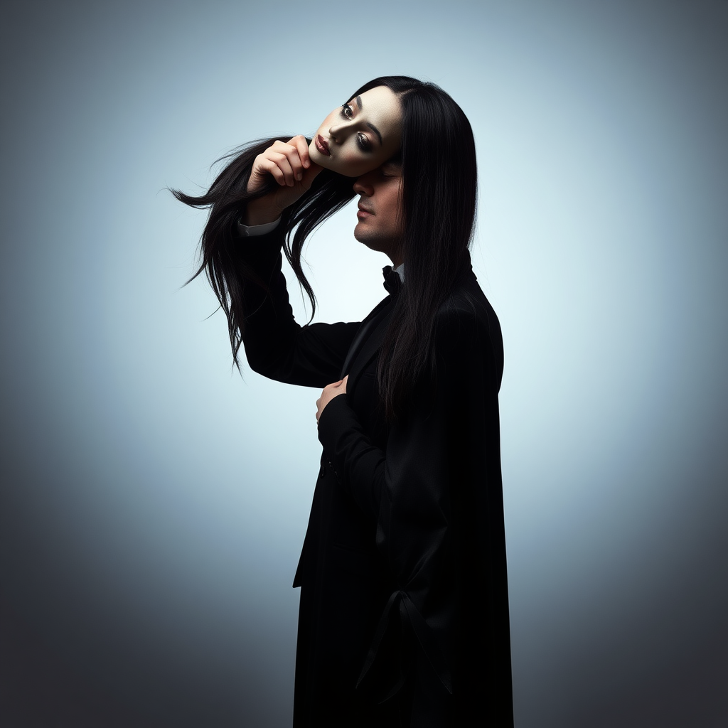 In a well lit room with stark minimalist decor, a magician stands confidently before the camera, his sharp silhouette contrasting against the plain gray background. The atmosphere is thick with a blend of intrigue and eeriness as he holds aloft the severed head of his long-haired female assistant. Her flowing locks cascade around his fingers, glistening dark and vibrant as they catch the light. The magician, with an enigmatic smile, leans forward, pressing his lips to her cold mouth in a disturbing display of affection.

The scene is quiet, except for the soft rustle of fabric as the magician’s cape drapes dramatically around him. A faint chill seems to fill the air, heightening the surreal and macabre nature of the tableau. The head’s lifeless eyes, framed by long lashes, still reflect a glimmer of magic and mystery, inviting the viewer to question the boundary between illusion and reality. The minimalist decor emphasizes the unsettling focal point of the performance, leaving the audience trapped in a moment that is both captivating and chilling.