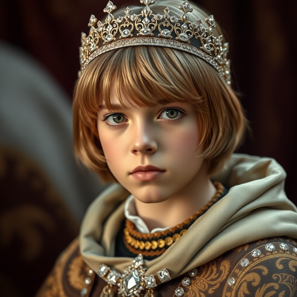 16yo teen boy prince, long bob cut, embroidered with gold and diamonds medieval cloths, diamond diadem. photorealistic, ultra high resolution, 16K,