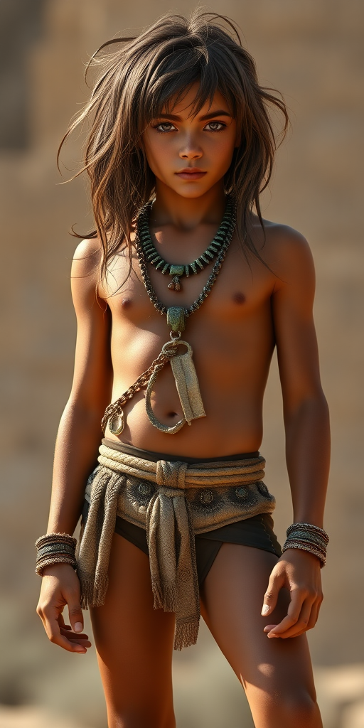 A beautiful ancient Babylonian teen boy, long hairs, long eyelashes, long legs, bare thighs. full length view. photorealistic, ultra high resolution, 16K.