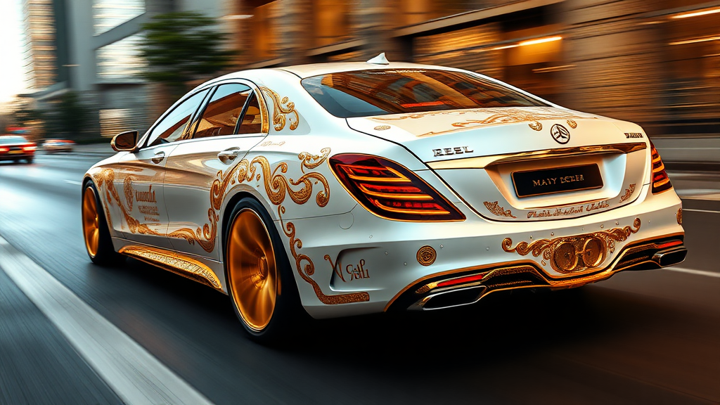 futuristic maybach sedan , A luxurious, white and gold-plated car adorned with intricate, ornate designs and carvings.  road motion blur