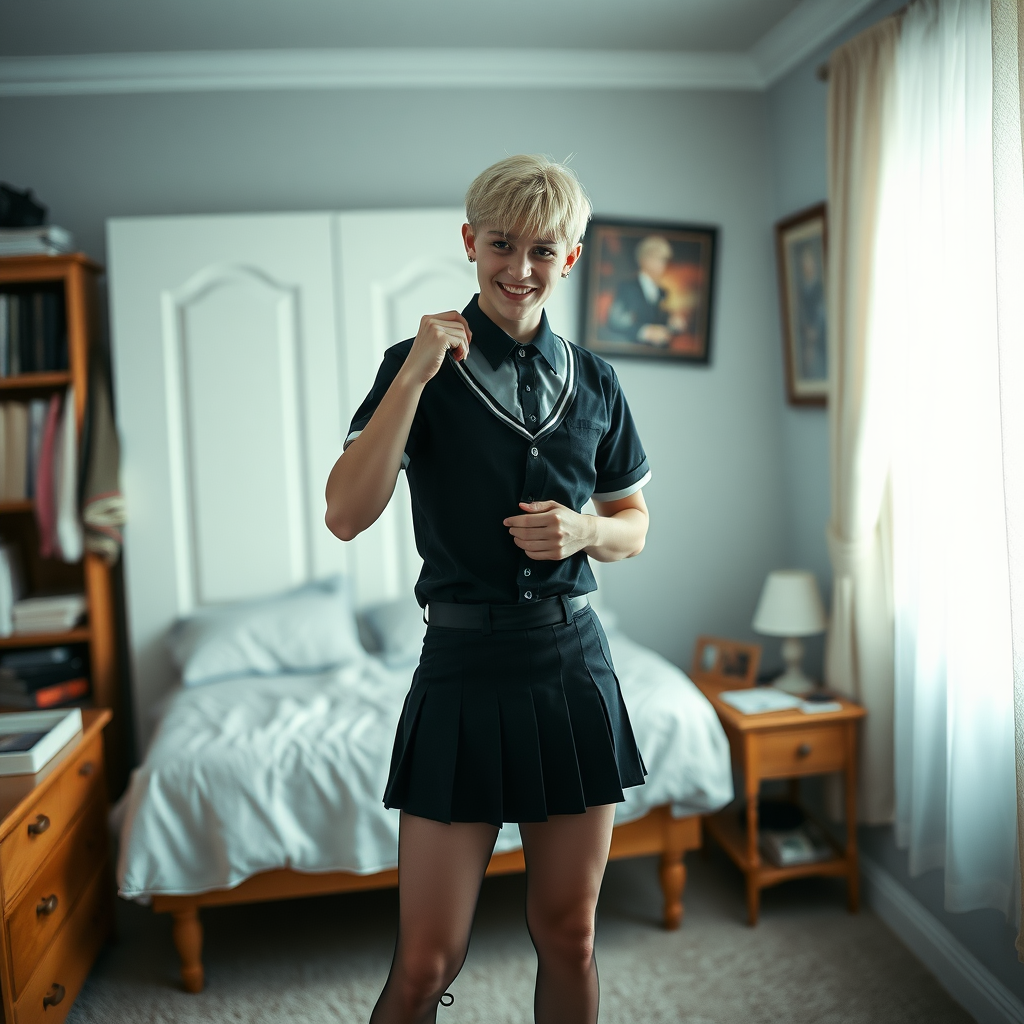 photorealistic, ultra high resolution, 16K, surreal fantasy, soft studio lighting, a pretty 16 year old goth male, slim male physique, short blonde hair, goth makeup, earrings, sheer pantyhose, UK girls-school uniform, Mary-Jane shoes, in the bedroom - , excited smile, facing the camera.