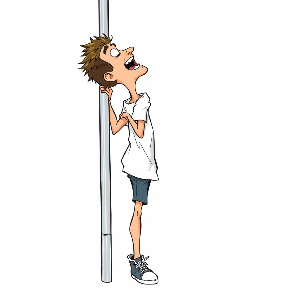 nervous short 20 year old european skinny man, short white t-shirt, standing, stunned, mesmerized, joyful, heavy drooling, heavy sweating, painfully climbing up a greased pole, side view, sneakers, detailed feet, 2D, caricature, cartoon, Sketch lines, coloring book, coloring book, colorful image,