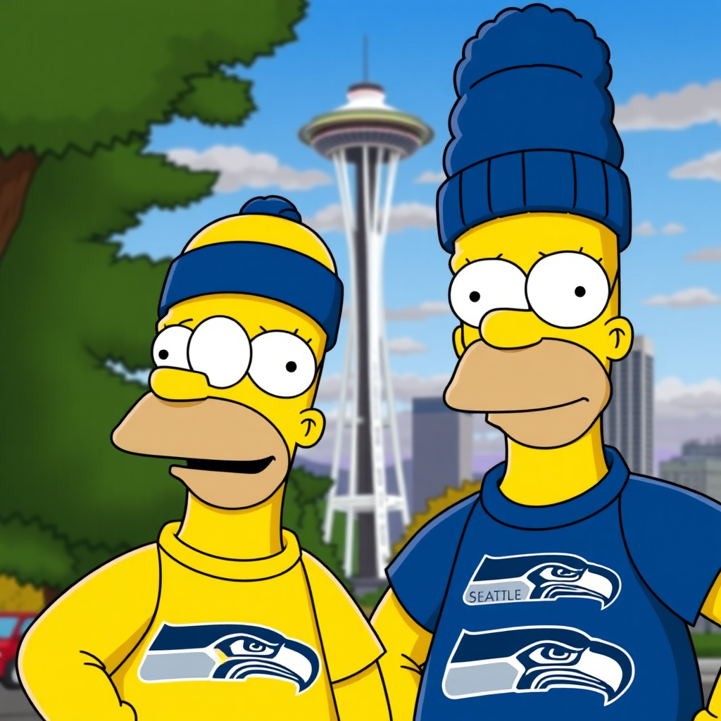 Homer Simpson and Bart Simpson wearing Seattle Seahawk t-shirt and beanie, with the Space Needle in the background.