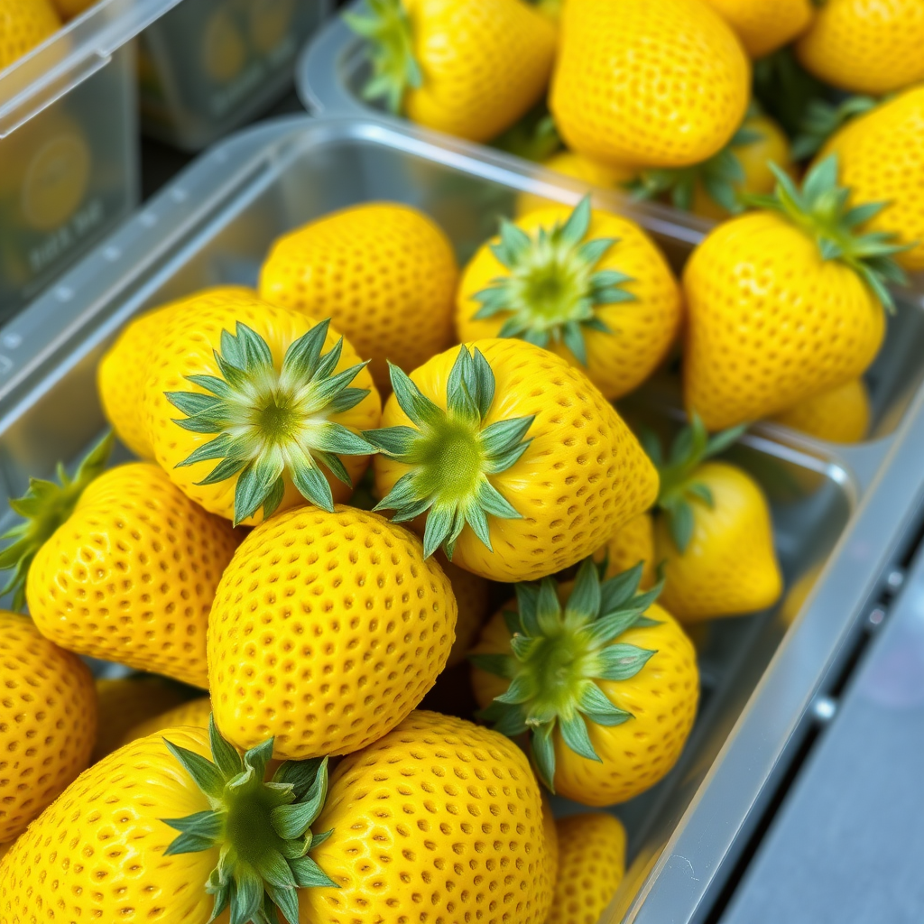 yellow colored strawberries in a plastic container