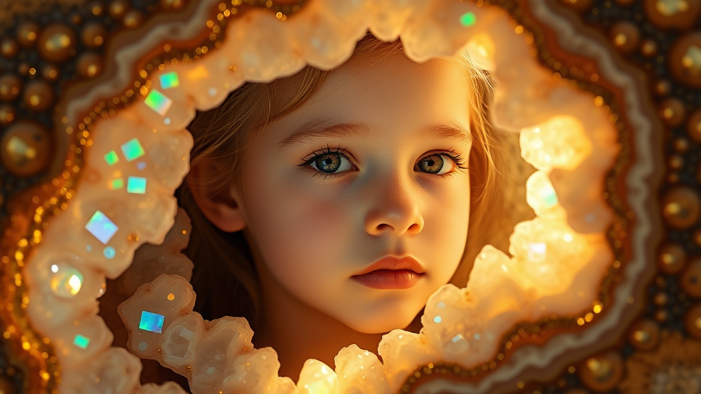 young girl, high quality photo, intricate environment, ultra-detailed, impressionistic, dynamic composition, artistic photograph, geode, alabaster, gold, fractal, brilliant colors, glittering, sunlight, illumination, transparency, translucent, opal