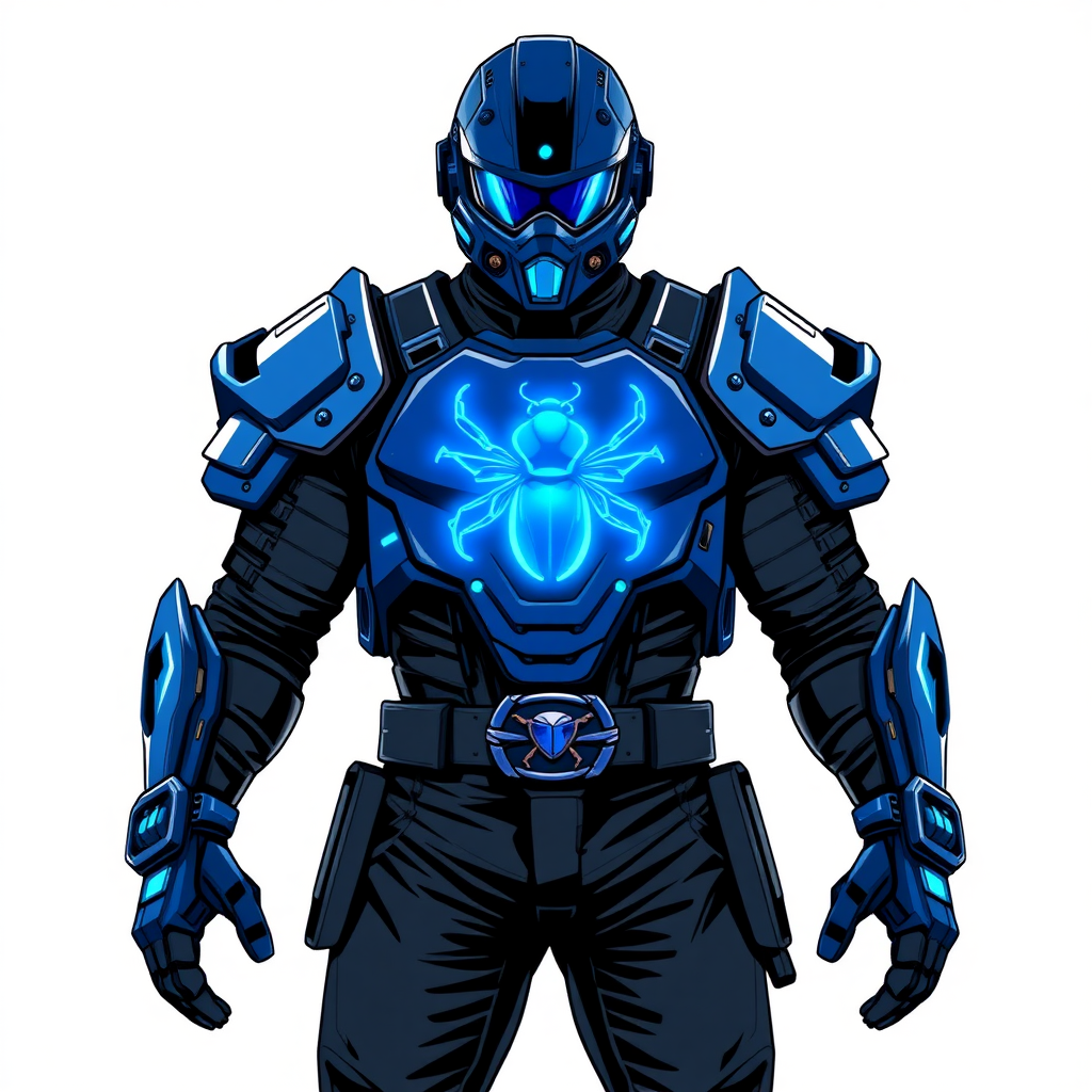 A 28-year-old hi-tech cyberpunk vigilante stands heroically, clad in hi-tech, maximum blue armor featuring a neon blue beetle on the chest. He wears black biker pants, a black belt with a sapphire beetle buckle, and a helmet resembling a sleek, tactical design, but colored maximum blue with neon blue glowing lenses. Their hands are protected by black metal gloves, all set against a solid white background. He is drawn as if he was in a retro 2D cyberpunk fighting game.