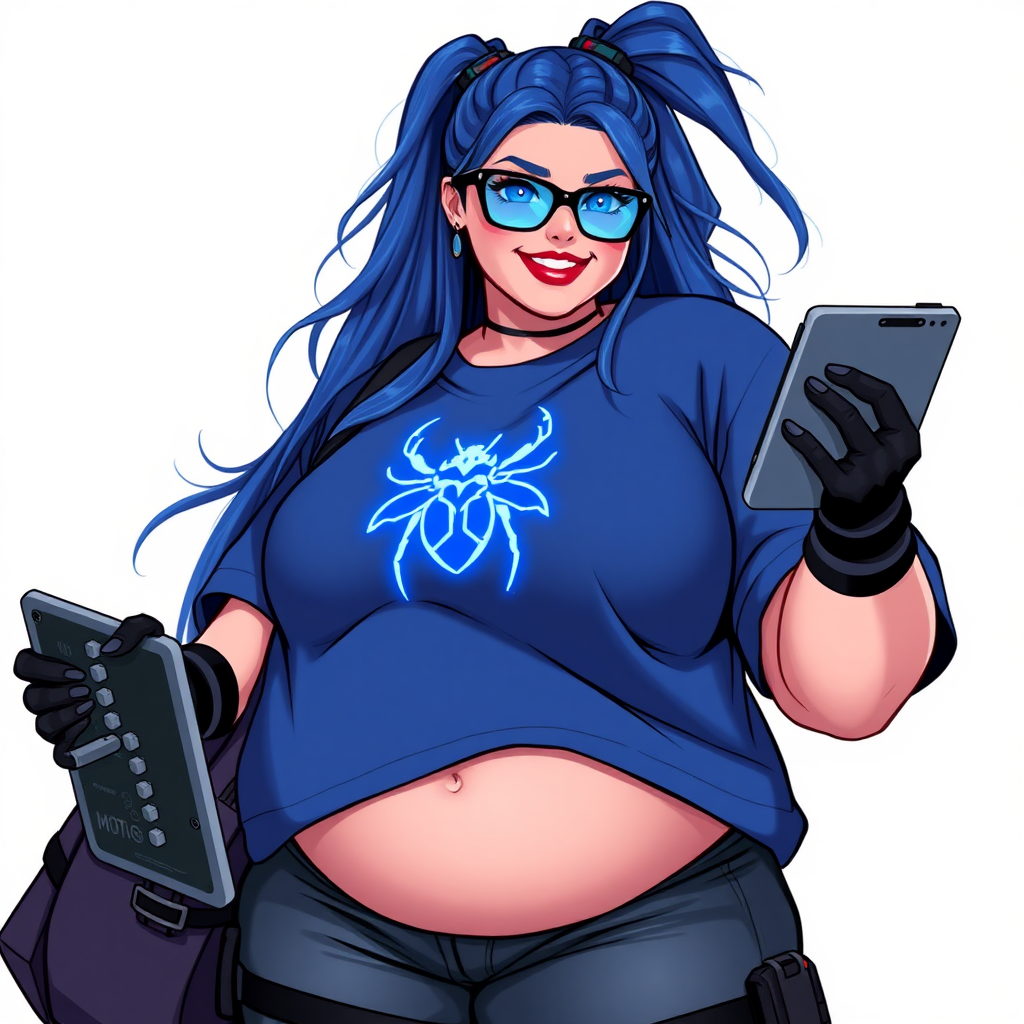 A 28-year-old, full-figured tech genius, she is the devoted girlfriend and sidekick of a cyberpunk vigilante. Her long, maximum blue ponytail and glowing sapphire eyes are striking features. Her prominent, round midsection, gigantic limbs, and broad shoulders define her full figure. As the loyal and supportive sidekick, she plays a crucial role in their missions, using her digital and technological prowess to assist and protect.

She wears an oversized maximum blue t-shirt with a glowing neon blue beetle chest icon, maximum blue lipstick, and black high-tech gloves. Her neon red blush and lovestruck smile are ever-present as she holds a futuristic wrench and a digital holographic tablet. Her full figure (especially her round midsection) shows how pampered she is by her doting boyfriend. Her nerdiness is unmistakable, accentuated by her black oversized eyeglasses. She is on a solid white background. She serves as her boyfriend’s indispensable tech expert. She is drawn as if she was in a retro 2D cyberpunk fighting game. Make sure her oversized shirt covers her midsection.