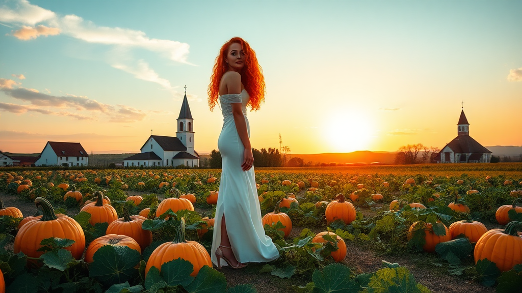 Beautiful model in a long white dress, curly orange-red hair with 16 cm high heels, in the background a field of large pumpkins, a village with a church and bell tower, sunset sky with sun and clouds.