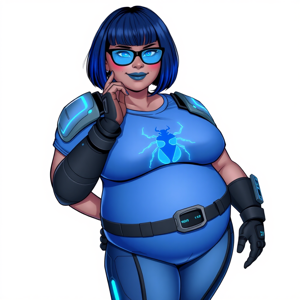 A 28-year-old, full-figured, Middle Gray (N5) skinned, computer program hybrid with a maximum blue bob cut. She has a non-athletic, full-figured build, highlighted by a prominent, round, large midsection (with heavy emphasis on her belly). As the full-figured, nerdy, digital sidekick to her cyberpunk vigilante boyfriend, her metallic middle gray (N5) skin and maximum blue lipstick emphasize her digital nature. She wears a digital, computerized costume inspired by DC’s Carrie Kelly Robin, consisting of a huge, tight-fitting, maximum blue t-shirt with a neon blue glowing beetle chest icon, hi-tech shoulder pads with neon blue accents, a black hi-tech belt with a digital neon blue glowing buckle, digital maximum blue pants with neon blue accents, and black hi-tech gloves with neon blue glowing accents. Her bright blue eyes, black eyeglasses with neon blue glowing lenses with a built-in HUD, and shy smile with neon red blush accentuate her nerdiness. She stands bashfully with one hand behind her back and the other hand gently touching her cheek, her costume covering all her skin and emphasizing her full-figured physique (especially her belly). She is clearly non-athletic, with a heavy focus on her large belly. Despite her build, she radiates beauty. She has a slim face compared to her physique, accentuating her radiant beauty. She is on a solid white background. She is drawn as if she were in a retro 2D cyberpunk fighting game.