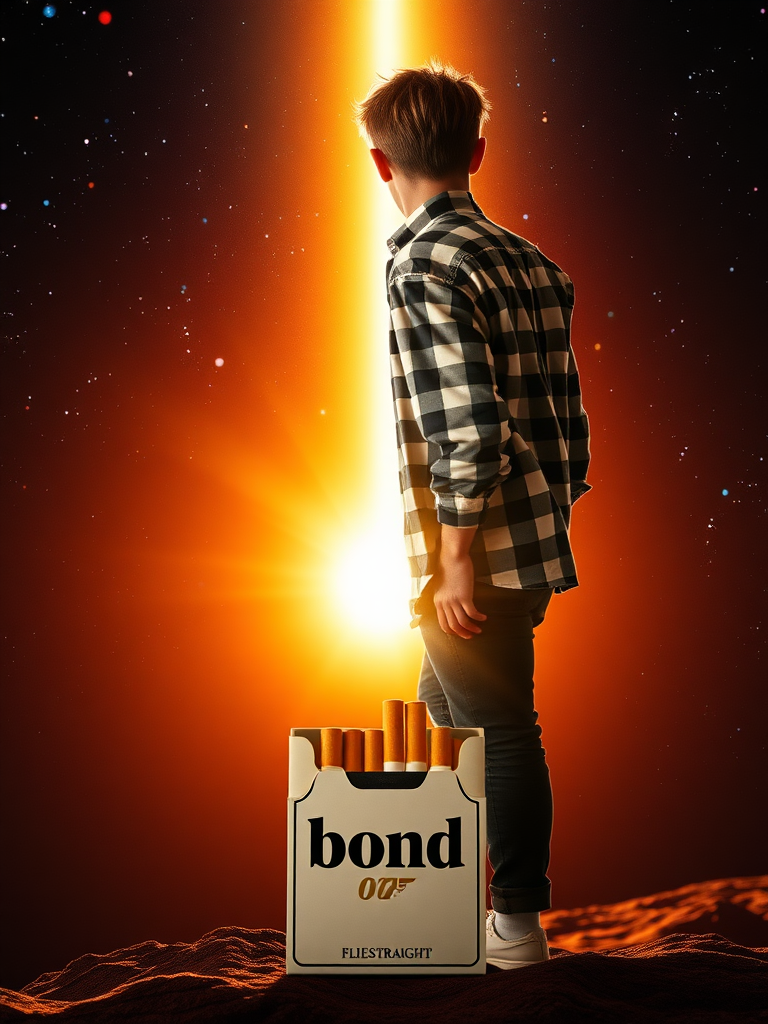 full-body photo, view from behind, a SCI-FI film poster, 1970 style poster, the blonde young man in plaid shirt (white and black) stands with his feet on the pack of cigarettes (with the name "bond") that flies straight to the sun, universe, 4k, HDR