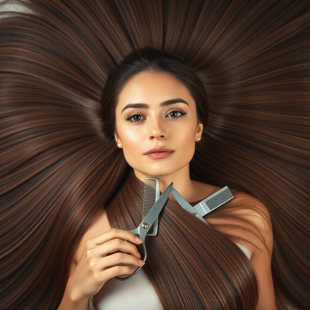 A beautiful woman laying down looking up at the camera. Her very long hair meticulously fanned out in a geometrically precise semicircle to display its length and beauty. A comb and scissors are held out inviting the viewer to cut her hair.