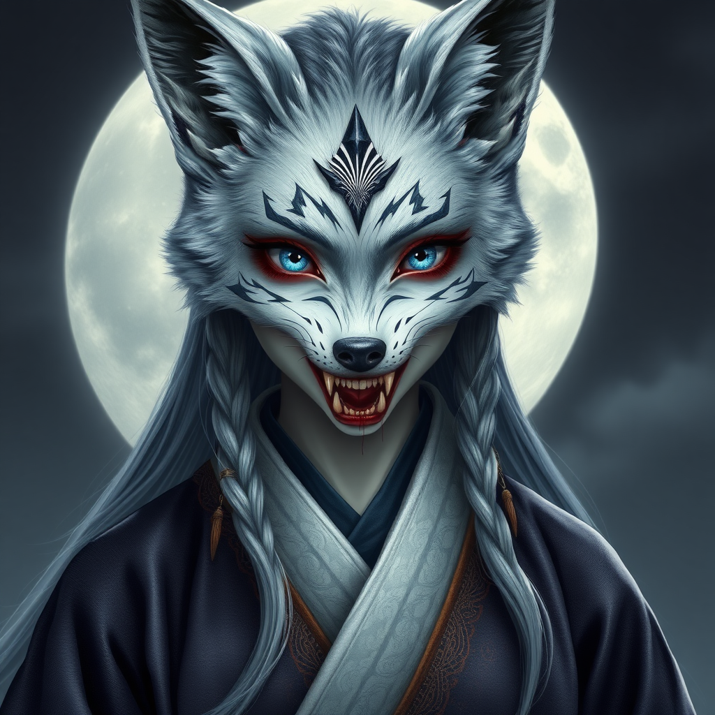 photorealistic style ancient eerie-looking kitsune-silverfox-girl with blue eyes with baring teeth with blood on the fox teeth, in ancient female hanbok, in front of the full moon