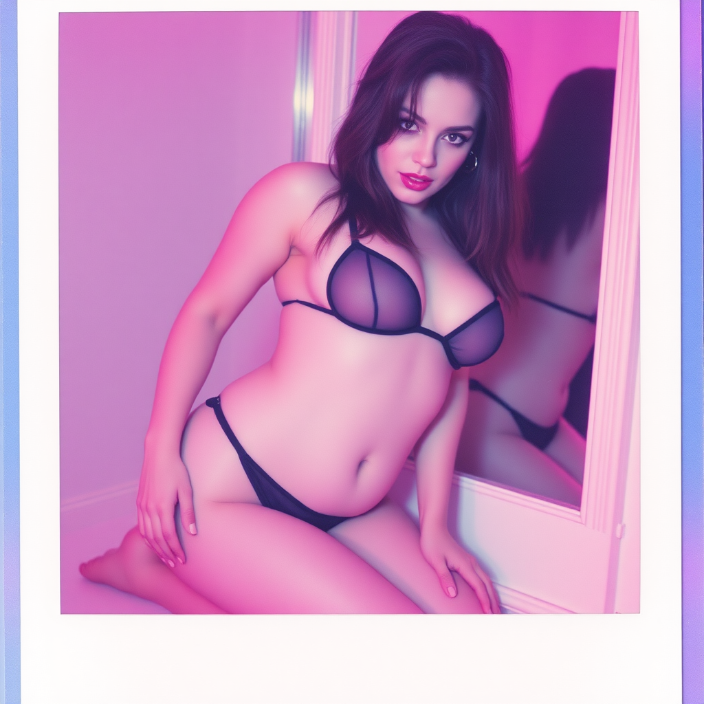 old polaroid photo with heavy vignetting and pink and blue artistic studio lighting color tint and light leak, depicting a sexy curvy thicc pale white alt goth girl with eye makeup, wearing a tiny revealing black see thru bikini gstring thong with a small outline of her labia and nipples visible, kneeling over a mirror