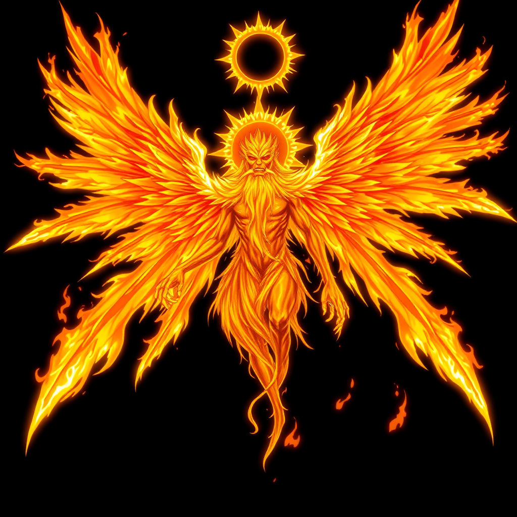 (High quality Anime styled art) Black background of a A Truly Supreme divine yet malevolent entity made of pure-solar golden-burning flame, embodying both pure holiness and corruption, floats ominously in mid-air. Eight blazing, fiery wings radiate intense solar energy, while a shattered unique halo resembling the sun hovers above its head, naked and body is made of pure-solar-burning flames, the being's long beard sways as its wrathful, ember-like eyes burn with fury. In one hand, it grasps a searing solar flame, glowing in vivid shades of yellow and orange, exuding a powerful and foreboding energy.