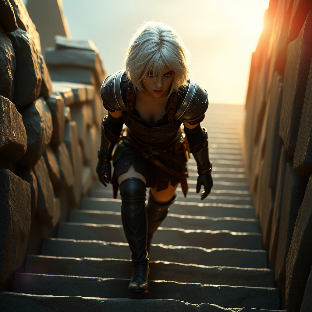 A female like (Ana de Armas). Messy shoulder-length white hair. Leather armor, high heel ankle boots. She is going down steps like in Ultima Underworld. Photorealistic digital matte painting, highly detailed, film grain, lens flare, chromatic aberration.