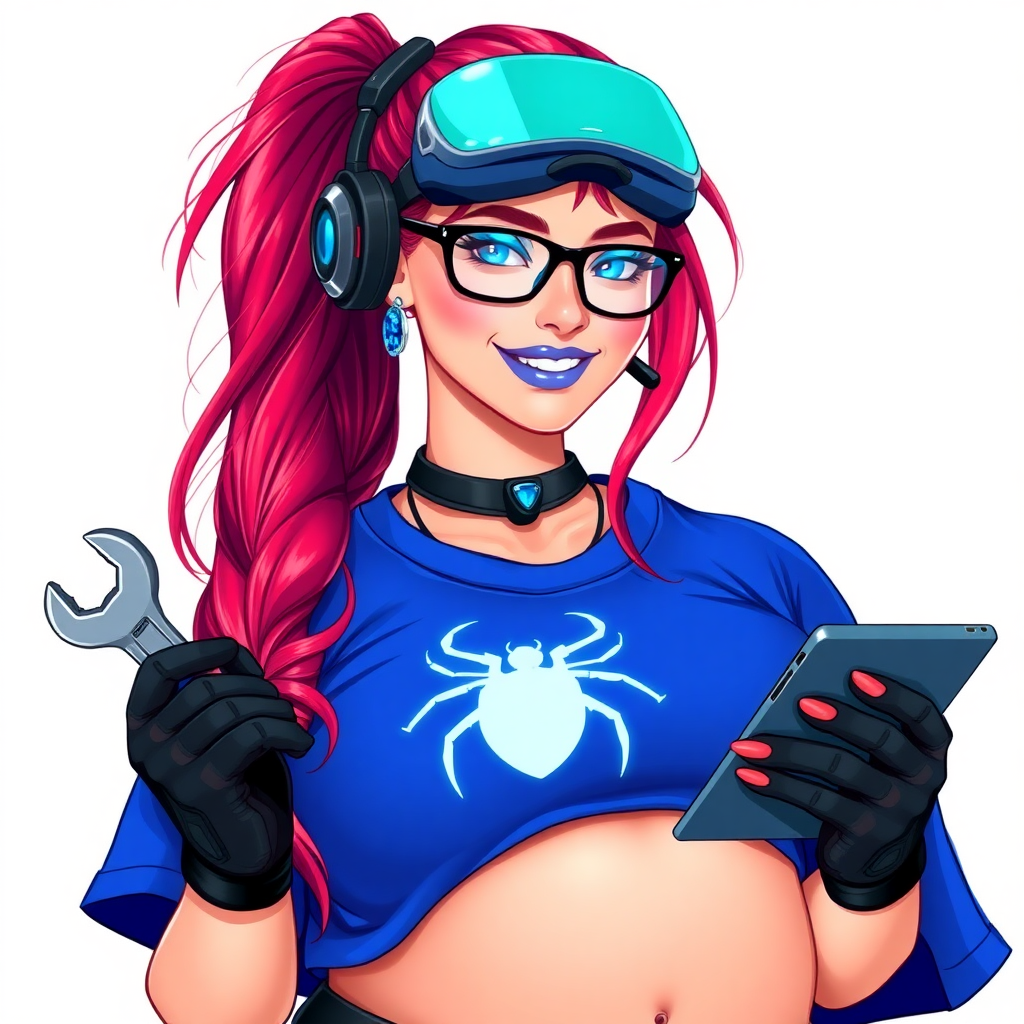 An intelligent and tech-savvy 29-year-old computer hacker and tech genius. She has a long ruby red ponytail. She wears maximum blue lipstick, blue eyes, a sapphire beetle gemstone necklace, sapphire earrings, black eyeglasses, hi-tech power gloves, and an oversized maximum blue t-shirt featuring a neon blue glowing beetle chest icon. She has a gargantuan full-figured physique with a prominent round gargantuan midsection, reflecting her well-cared-for lifestyle. She sports a sapphire headset with a hi-tech maximum turquoise lensed HUD, and a beaming smile accentuated by a passionate neon red blush. She serves as his tech expert from his hideout, holding a futuristic tool wrench and a futuristic digital tablet. The background is solid white. She is drawn as if she was in a retro 2D cyberpunk fighting game.