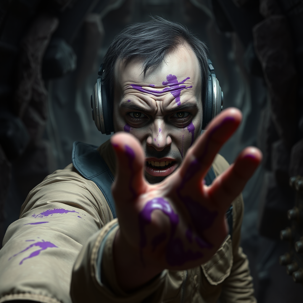 Cinematic sci-fi horror digital painting. Crew member approaching the viewer with one arm reaching out. Consciousless aggressive facial expression. Purple slime smears on face and hands. Dark rocky industrialized corridor.