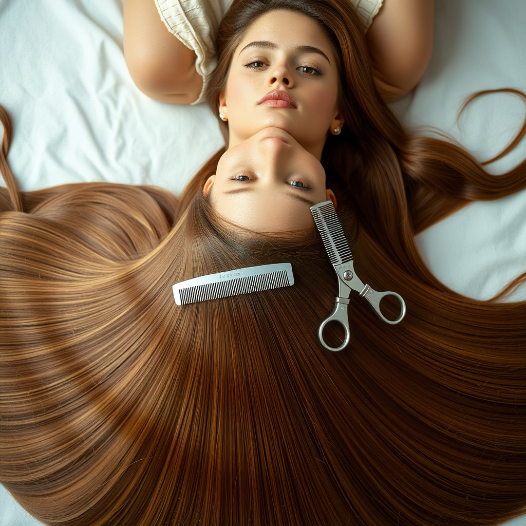 A beautiful woman laying on her back staring up at the camera. Her very long hair meticulously fanned out in a geometrically precise semicircle to display its length and beauty. A comb and scissors are set on her fanned out hair inviting the viewer to cut her hair.