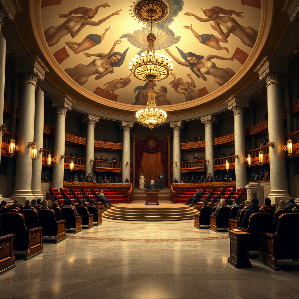 Inside the Slave Auction House, the grand foyer has polished marble floors and white alabaster pillars supporting a vaulted ceiling painted with images of alluring female slaves. Beyond the foyer is the main auction chamber, a large circular room with ascending rows of plush seating made from velvet and mahogany, facing the central platform. This platform is illuminated by a chandelier that casts a golden light over the chamber. The Dais of Pairing is the focal point of the Auction House, where slaves present themselves to prospective buyers. The Dais is finely crafted with silver-gilded edges. On the side of the main platform are a row of smaller platforms, where slaves are waiting their turn to be auctioned on the main platform.