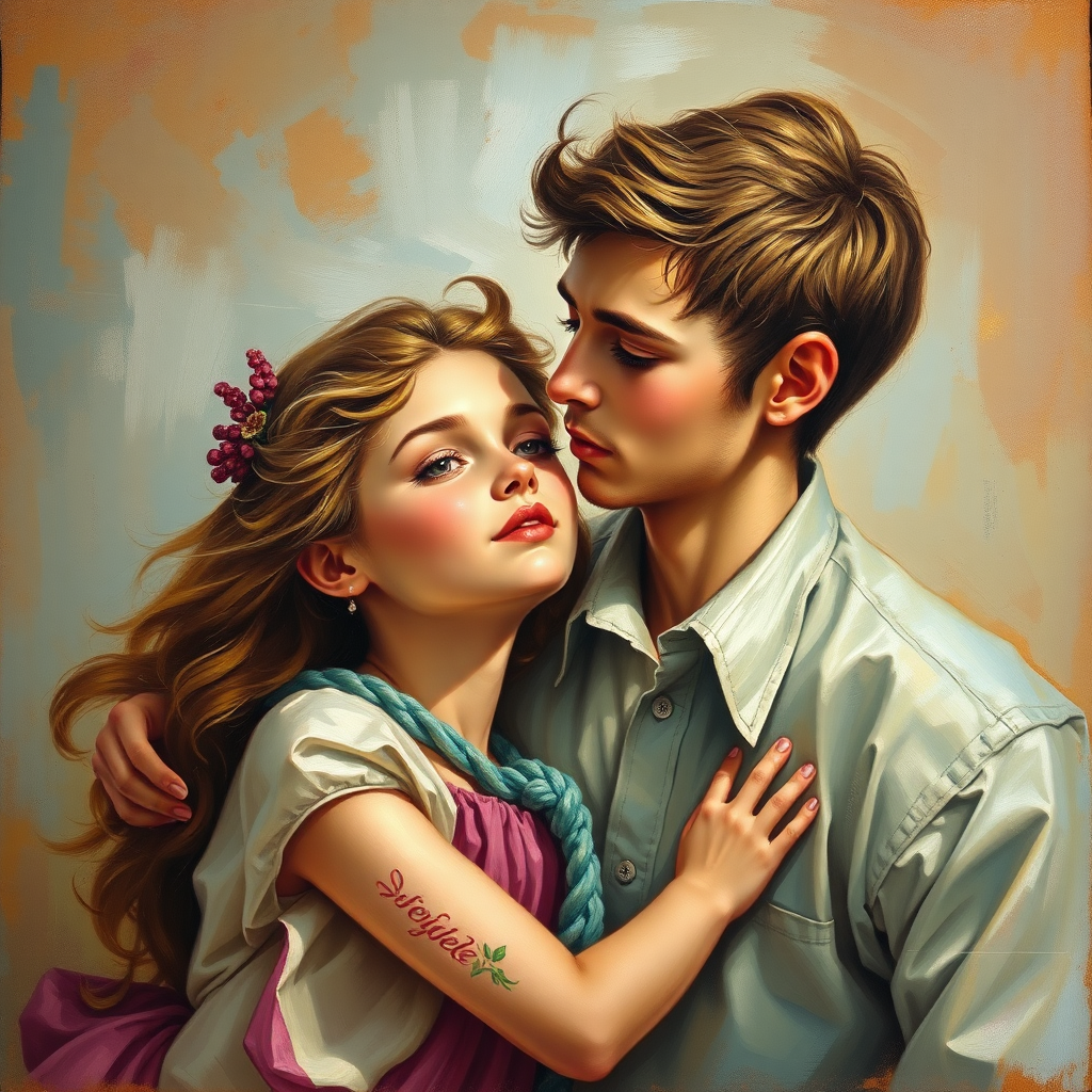 A beautiful painting of a boy and woman.