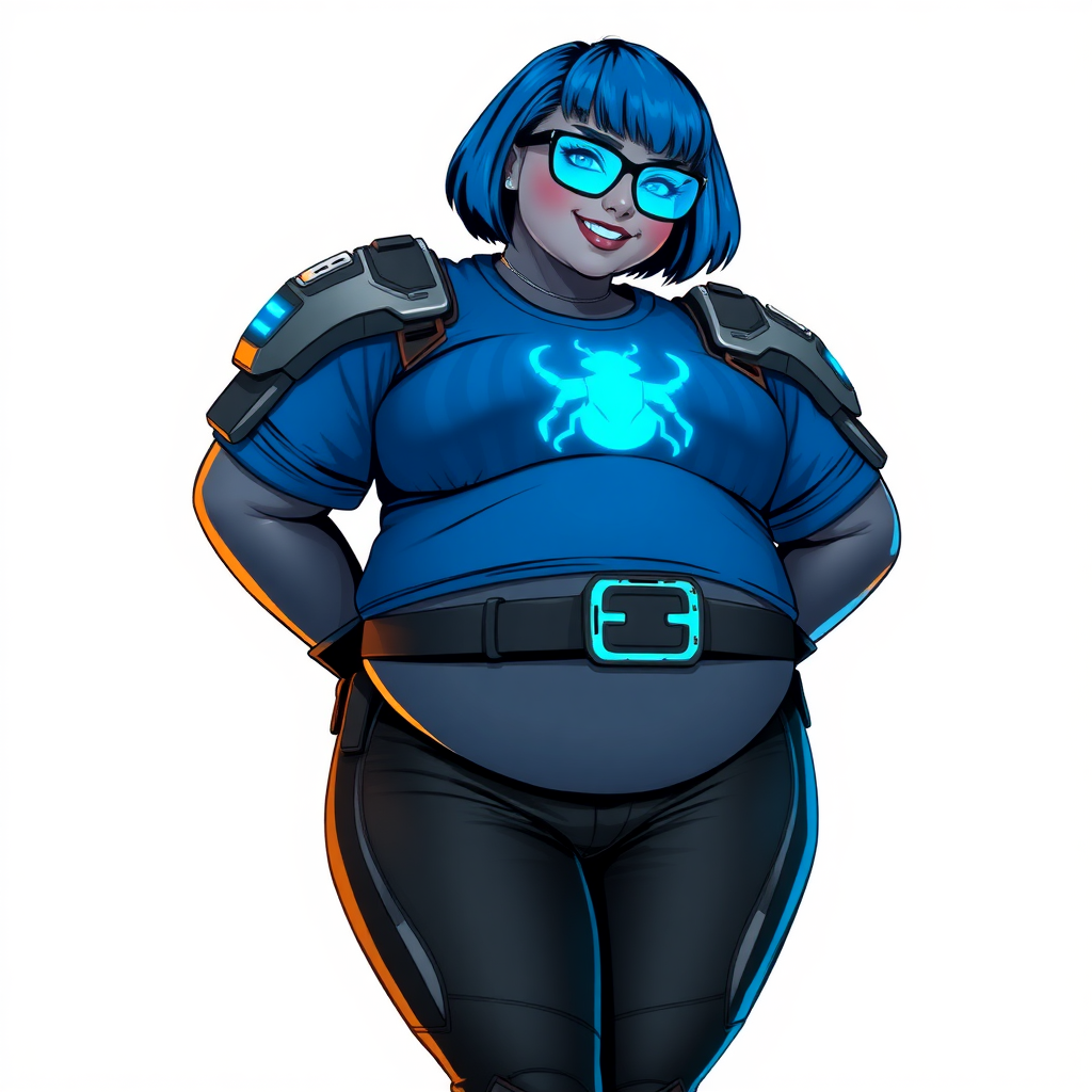 A 28-year-old, full-figured, middle gray skinned computer program hybrid with a maximum blue bob cut. She has a non-athletic build, highlighted by a prominent, round, large midsection (with heavy emphasis on her belly). As a digital sidekick, computer hacker, and nerdy girlfriend to her cyberpunk vigilante boyfriend, her middle gray metallic skin and maximum blue lipstick emphasize her digital nature. She wears a digital, computerized costume consisting of a gargantuan, tight-fitting, hi-tech, maximum blue t-shirt with a neon blue beetle glowing chest icon, hi-tech shoulder pads with neon blue accents, a black digital belt with a digital neon blue glowing buckle, black biker pants with neon blue glowing accents, and black hi-tech gloves with neon blue glowing accents. Her neon blue glowing eyes, black eyeglasses with a neon blue glowing HUD built in its lenses, and lovestruck smile with neon red blush accentuate her nerdiness. She stands bashfully with her hands behind her back, her costume covering all her skin and emphasizing her full-figured physique (especially her belly). She is clearly non-athletic, with a focus on her full-figured physique. Despite her build, she radiates beauty. She is on a solid white background. She is drawn as if she was in a retro 2D cyberpunk fighting game.