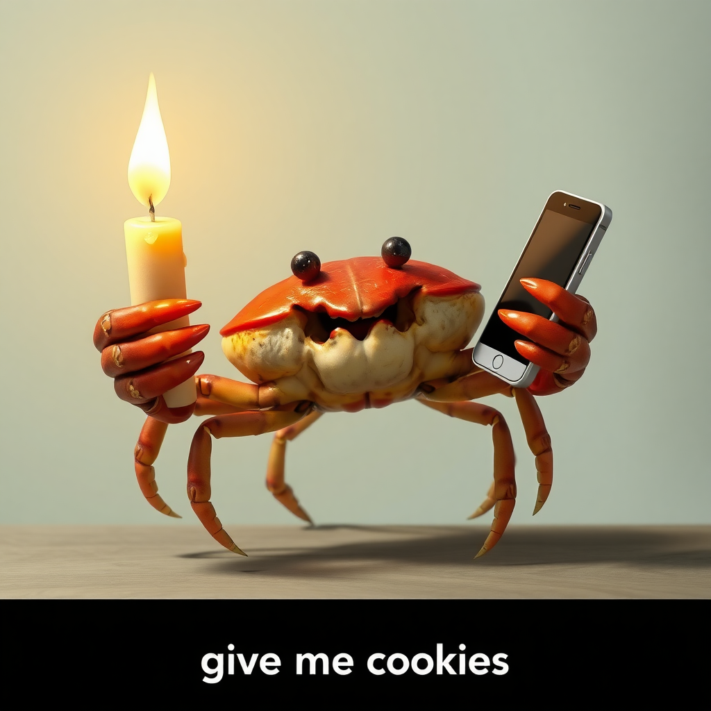 a realistic crab holding a candle in one claw and smartphone in the other claw and caption "give me cookies" in Polish