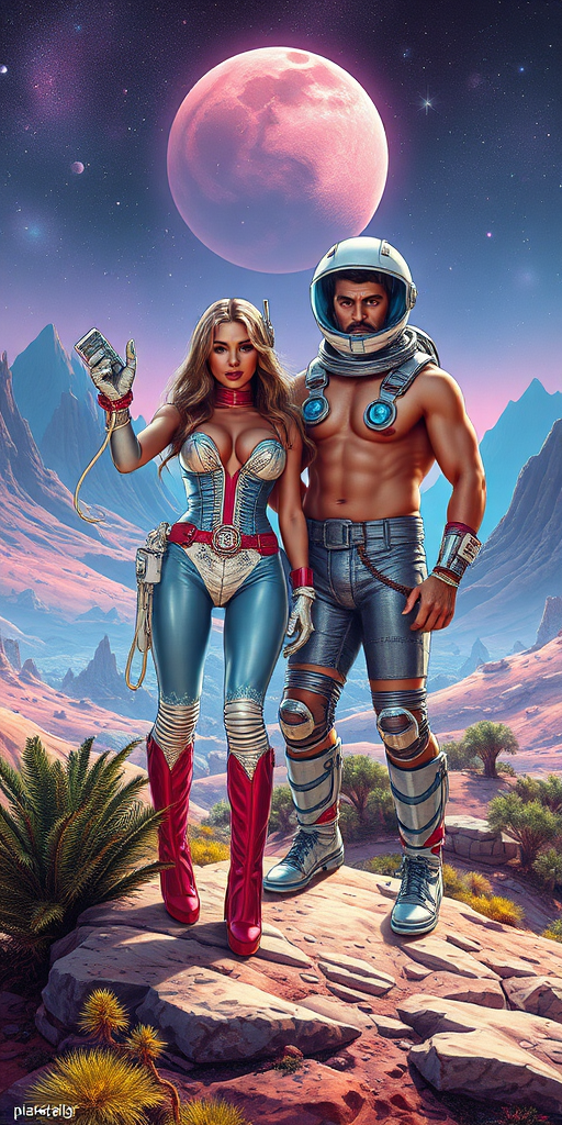 Draw me a photorealistic 70s style space babe and space hunk posing on a retro 70's alien planet. The planet has alien vegetation, mountains and lazer rave style. The landscape is laced with glowing lazer lights. The space babe and space hunk are wearing sexy space suits. The aspect ratio is widescreen.