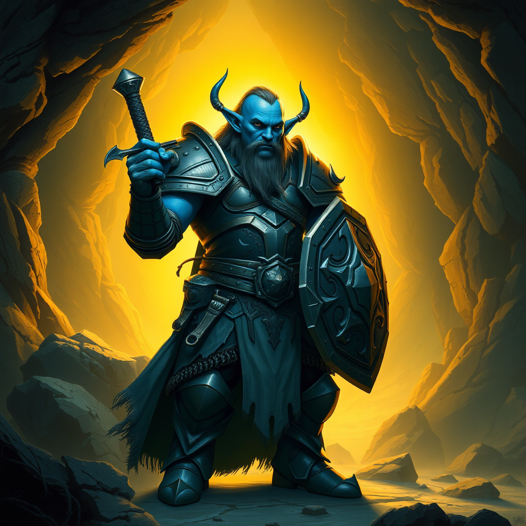 A blue skinned orc in metal armor with a sword and shield stands in a cave with a golden aura around him.