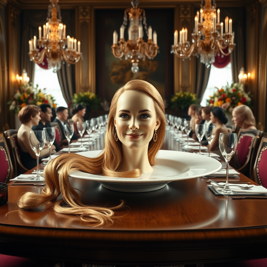 In a surreal and whimsical culinary display, a stunningly detailed representation of Kate Middleton's disembodied head is elegantly arranged on a pristine, white porcelain plate. Her long, flowing hair cascades luxuriously around the edges, each strand meticulously crafted to shimmer in the ambient light, reminiscent of spun gold. The delicate features of her face, perfectly sculpted, convey a serene expression, with a soft, inviting smile that radiates warmth and grace.

The setting is an opulent dining room, adorned with lavish decor. A grand chandelier hangs above, casting a soft glow that dances off the polished wooden table, set impeccably with fine china and sparkling crystal glasses. Surrounding the table are ornate chairs upholstered in rich burgundy fabric, enhancing the refined atmosphere. Lush floral arrangements, bursting with vibrant colors, provide a fragrant backdrop, their sweet scent mingling with the aroma of gourmet dishes being served.

As guests engage in hushed conversations, their excitement palpable, the scene vibrates with a sense of curiosity and intrigue. The juxtaposition of elegance and the surreal adds an unexpected tension, inviting onlookers to ponder the meaning behind this unconventional presentation. The atmosphere is alive with whispered laughter and occasional gasps of surprise, as the exceptional dish takes center stage in this extraordinary banquet.