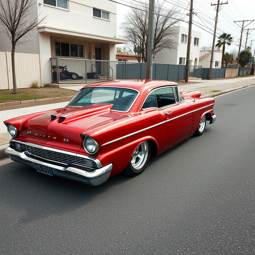 the drag car is parked on the side of the road, inspired by Taiyō Matsumoto, tumblr, restomod, nd4, c4 metallic shine candy red classic american low rider custom ford